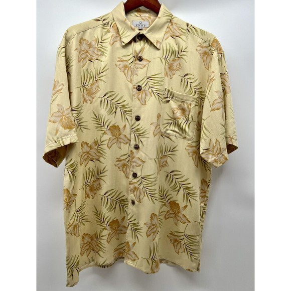 Enro Silk Hawaiian Floral‎ Short Sleeve Coconut Buttons Soft Yellow Men’s L - Picture 1 of 13